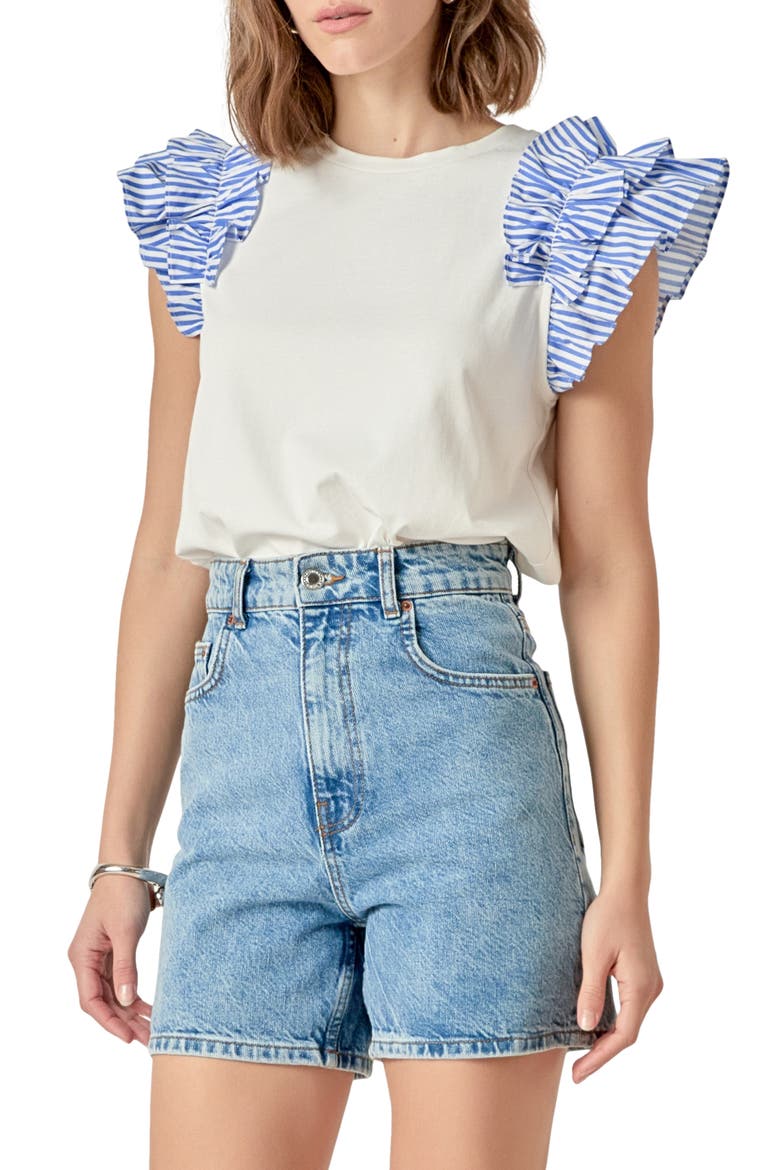 Mix Media Ruffle T-Shirt, Alternate, color, WHITE/ BLUE STRIPE