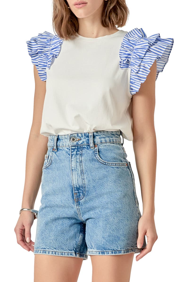English Factory Mix Media Ruffle T-Shirt, Alternate, color, White/ Blue Stripe