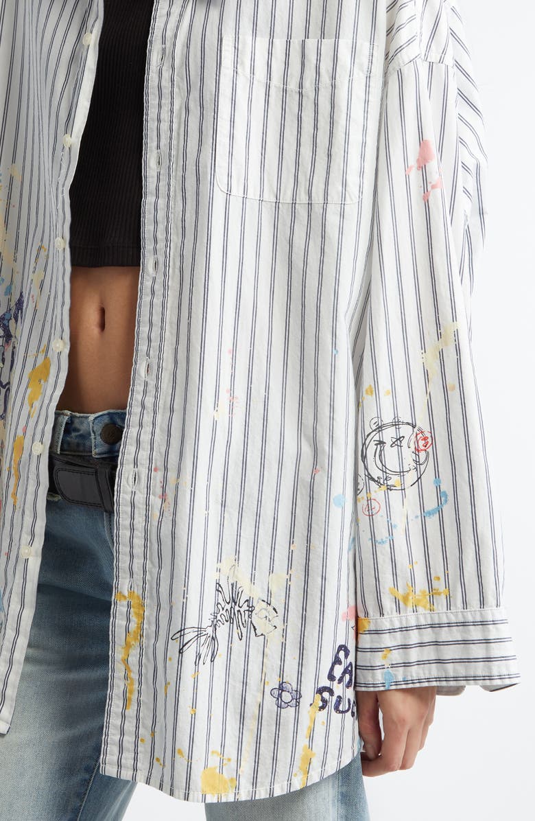 R13 Drop Neck Stripe Scribble Print Button-Up Shirt, Alternate, color, 