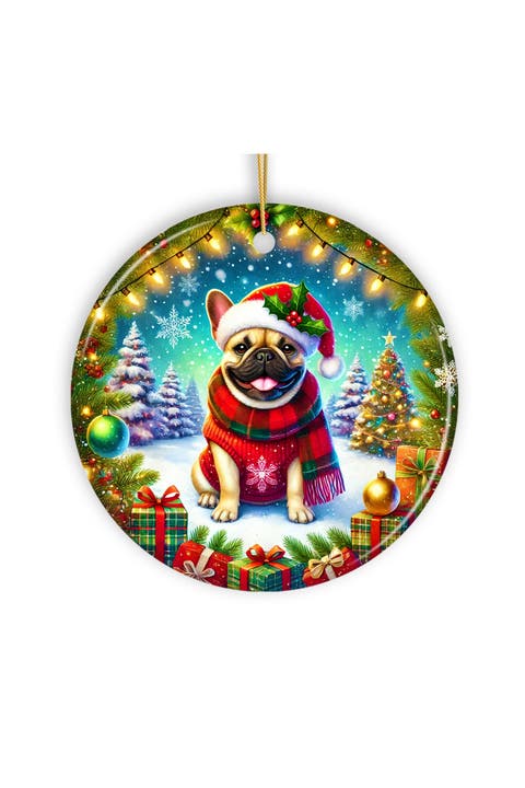 Snowy Santa Hat French Bulldog Round Ornament