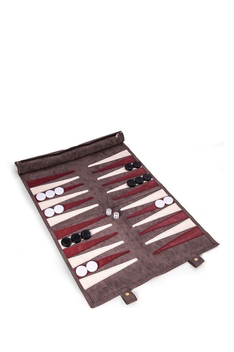 Grey Suede Roll-Up Backgammon Travel Set, Main, color, BROWN/ TAN
