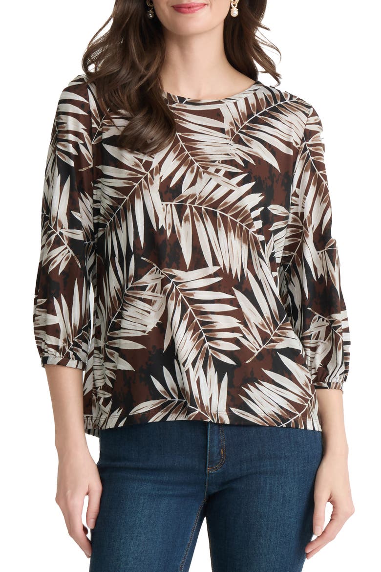 Button Shoulder Palm Print Top, Main, color, FUDGE MULTI
