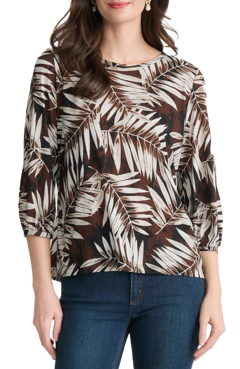 Jones New York Button Shoulder Palm Print Top, Main, color, Fudge Multi
