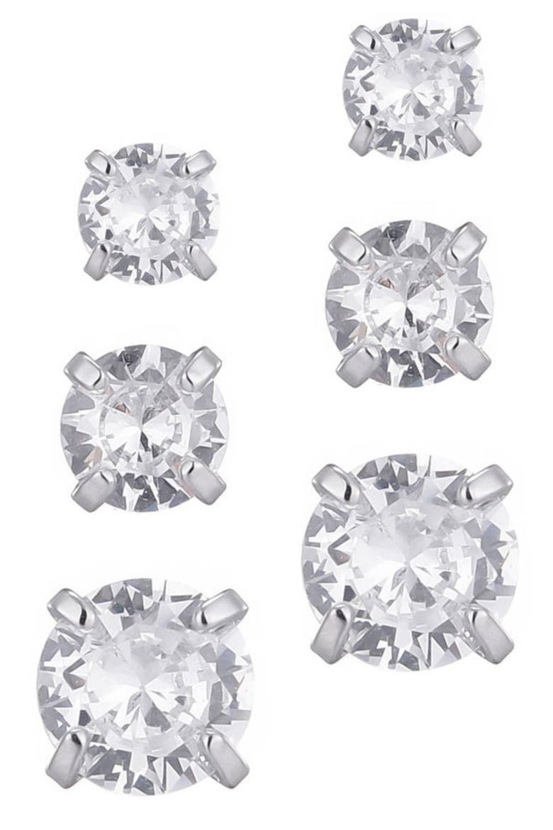 Set of 3 Solitaire Cubic Zirconia Stud Earrings, Alternate, color, SILVER