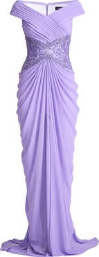 Tadashi Shoji Beaded Off the Shoulder Chiffon Gown