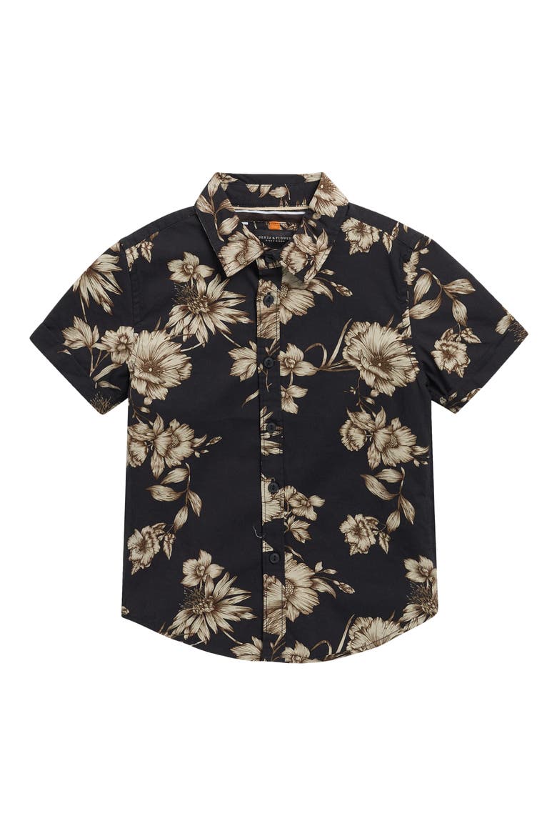 Kids' Tropical Peached Poplin Button-Up Shirt, Main, color, BLACK/ KHAKI