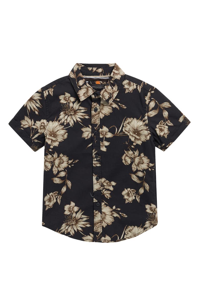 DENIM AND FLOWER Kids' Tropical Peached Poplin Button-Up Shirt, Main, color, Black/ Khaki