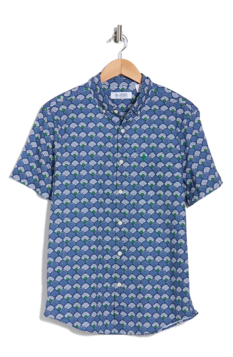 Original Penguin Short Sleeve Linen & Cotton Button-Up Shirt, Alternate, color, Sargasso Sea