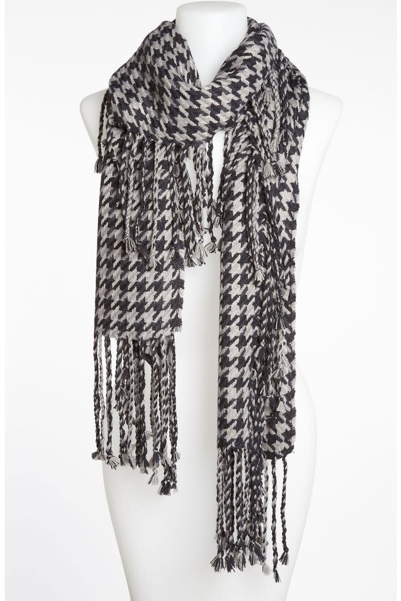 Fringe Houndstooth Scarf, Main, color, BLACK/ GREY CLOUDBURST