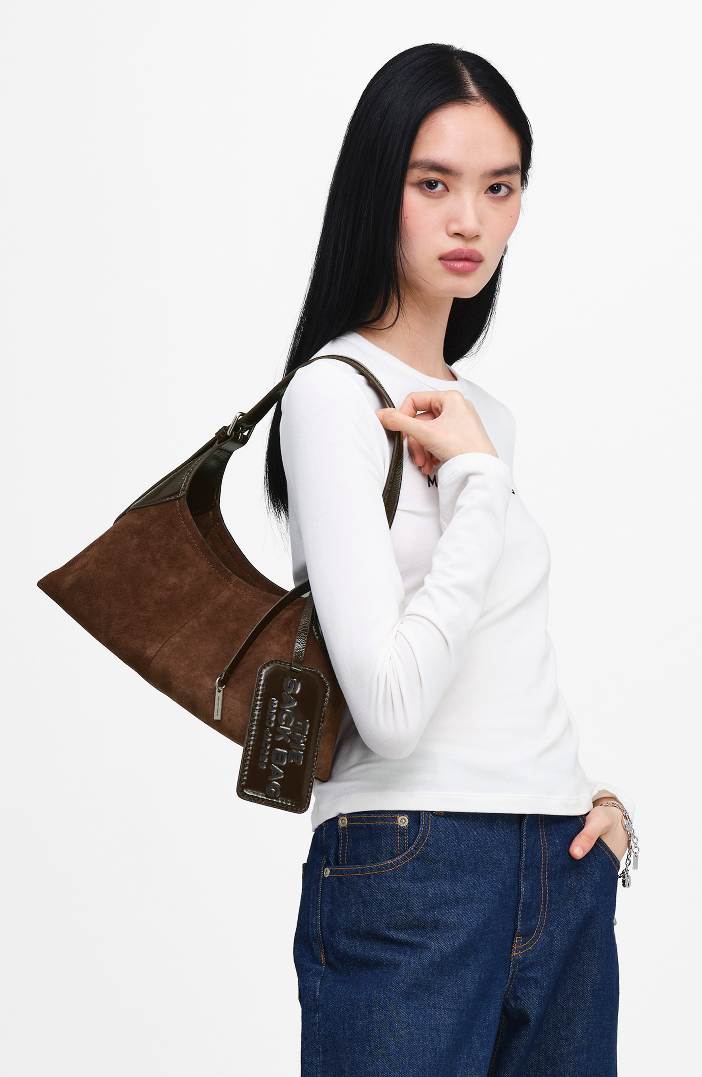 The Small Sack Bag Suede Leather Hobo, Alternate, color, DARK BROWN