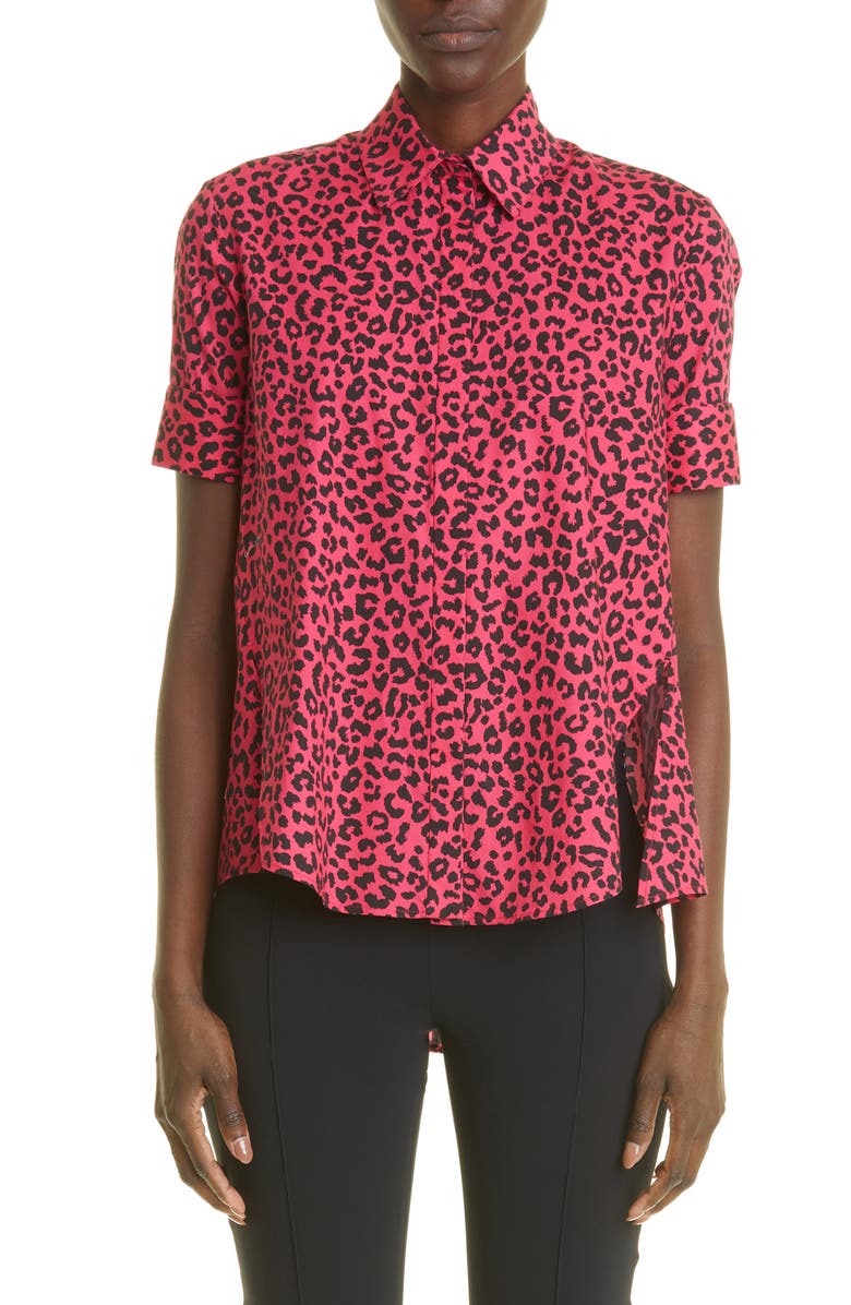 Adam Lippes Animal Print High-Low Stretch Cotton Button-Up Blouse, Main, color,