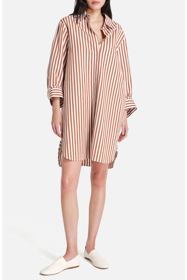 Morning After Oversize Stripe Long Sleeve Cotton Shirtdress, Main, color, IVORY/ COGNAC