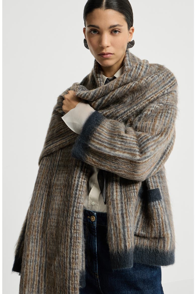 Mohair and wool Prince of Wales double knit outerwear jacket with scarf, Alternate, color, Brown