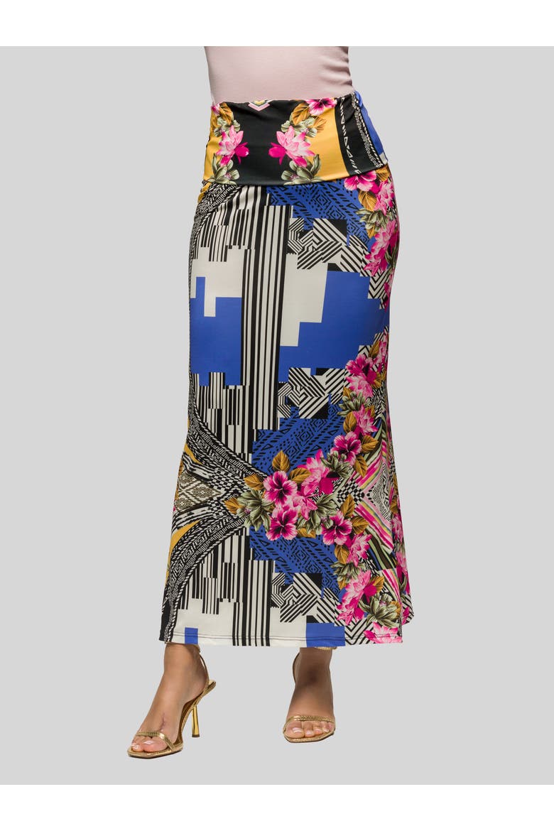 Floral Print Foldover Waist Maxi Skirt, Main, color, Blue Multi