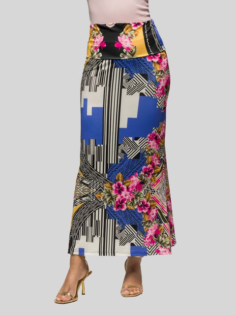 Floral Print Foldover Waist Maxi Skirt