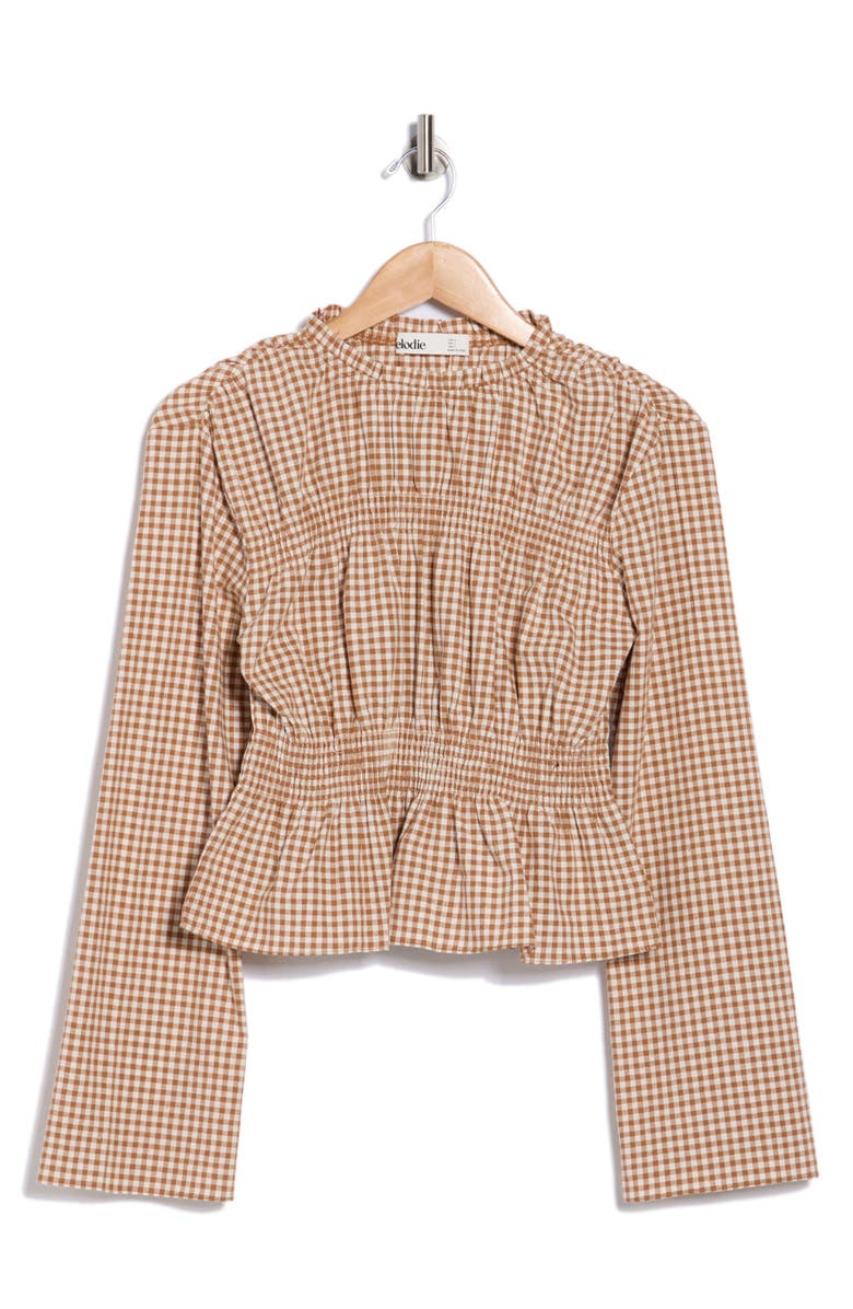 Elodie Gingham Long Sleeve Peplum Top, Main, color, Brown