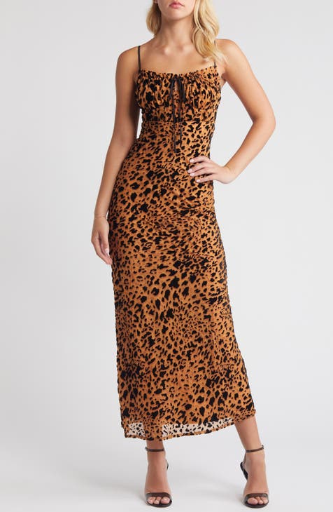 Women's Brown Tie-Up Neck Maxi Dress with Floral Applique Detail