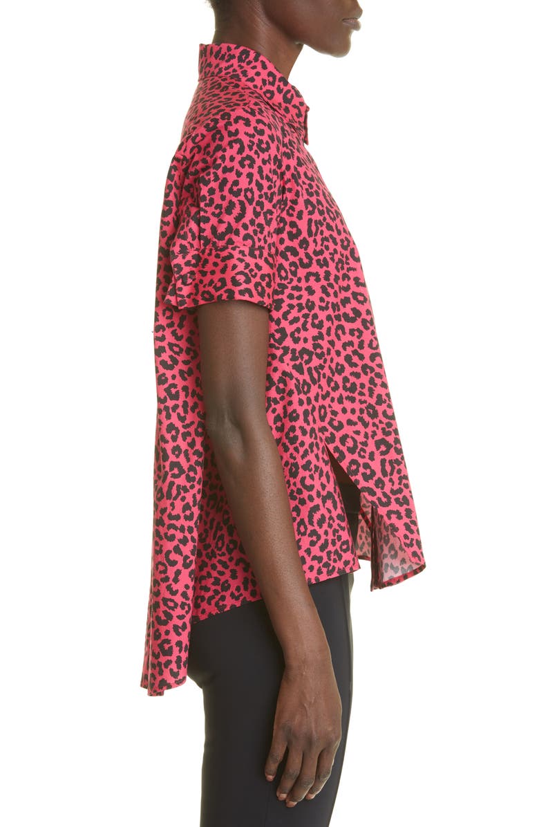 Adam Lippes Animal Print High-Low Stretch Cotton Button-Up Blouse, Alternate, color,