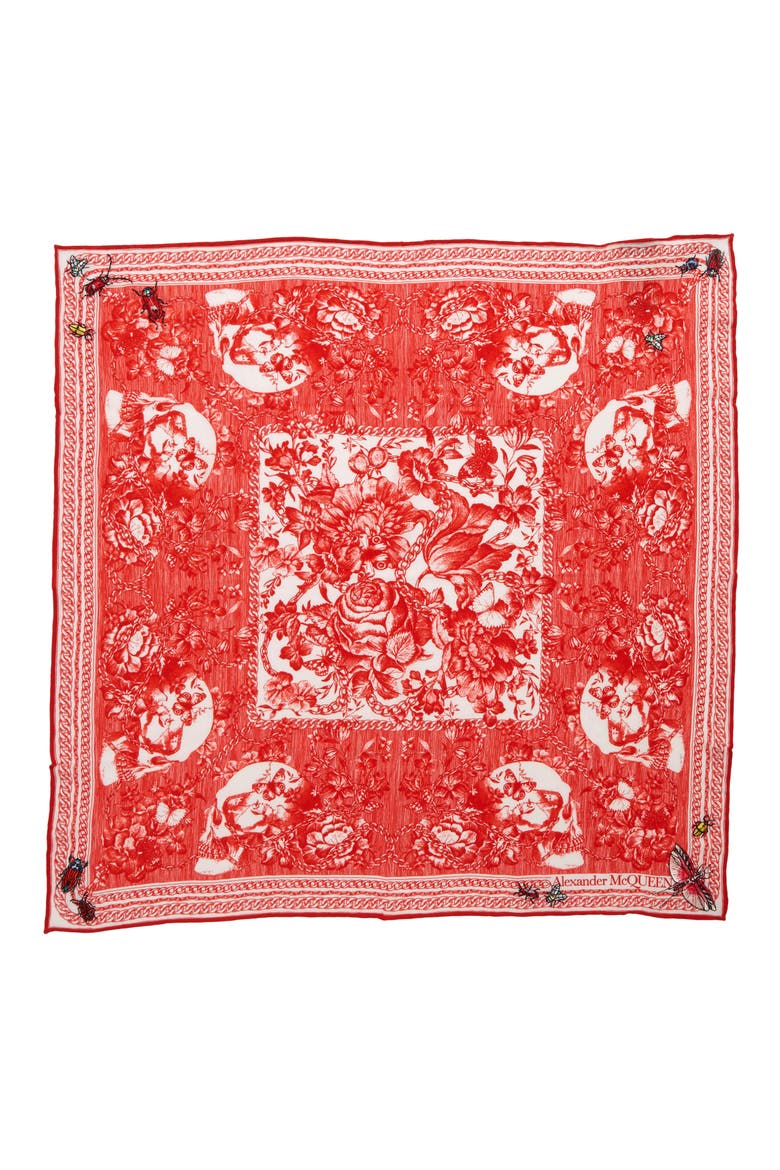 Alexander McQueen Deck of Skulls Silk Bandana, Main, color, IVORY/ RED