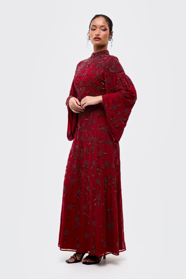 Modest Embellished Sequins High Neck Gown, Alternate, color, MAROON