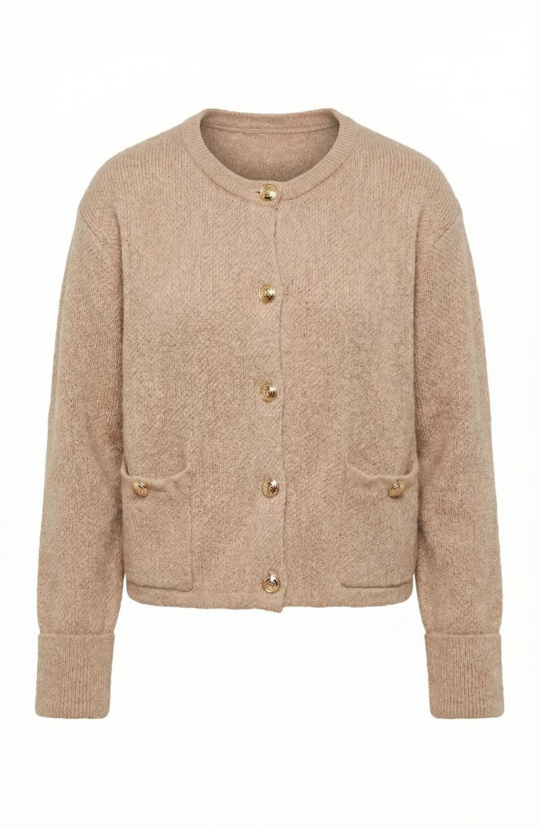 Modenaire Textured Knit Gold Button-Front Patch-Pocket Cardigan, Alternate, color, Beige