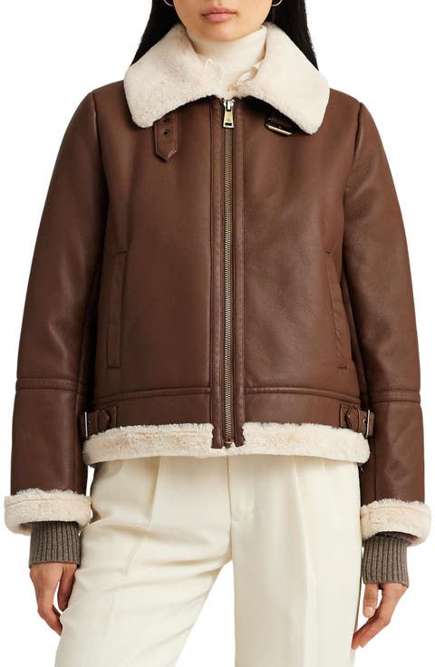 Faux Shearling Trim Faux Leather Jacket