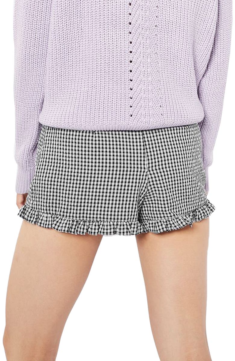 Topshop Ruffle Gingham Crinkle Shorts, Alternate, color, 