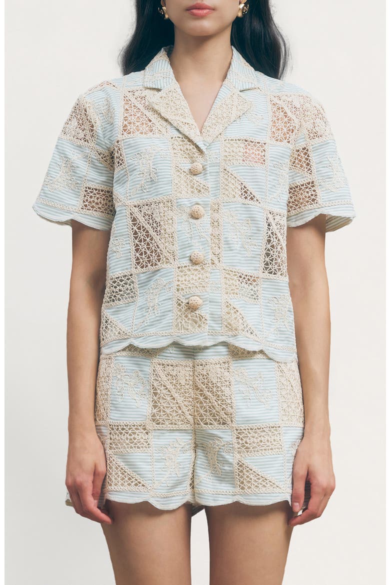 Patchwork Crochet Button-Up Camp Collar Shirt, Main, color, GREEN BEIGE MULTI