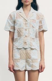 MAUDE CLUB Patchwork Crochet Button-Up Camp Collar Shirt