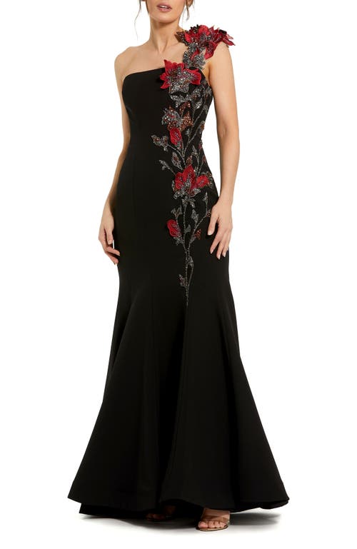 Mac Duggal One Shoulder 3d Floral Embroidery Mermaid Gown In Black