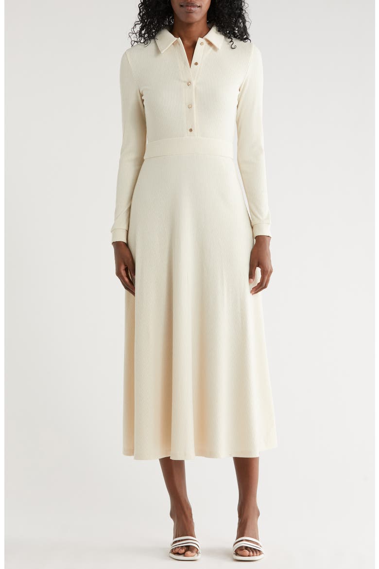Raya Long Sleeve Rib Midi Dress, Main, color, IVORY
