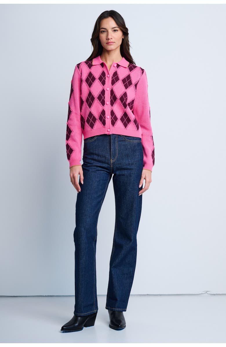 Lisa Todd Diamond Dip Argyle Cardigan, Alternate, color, Neon Pink