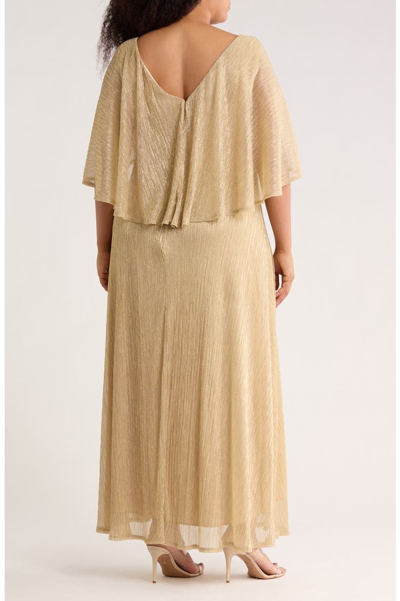 Capelet Metallic Pleated Gown, Alternate, color, GOLD