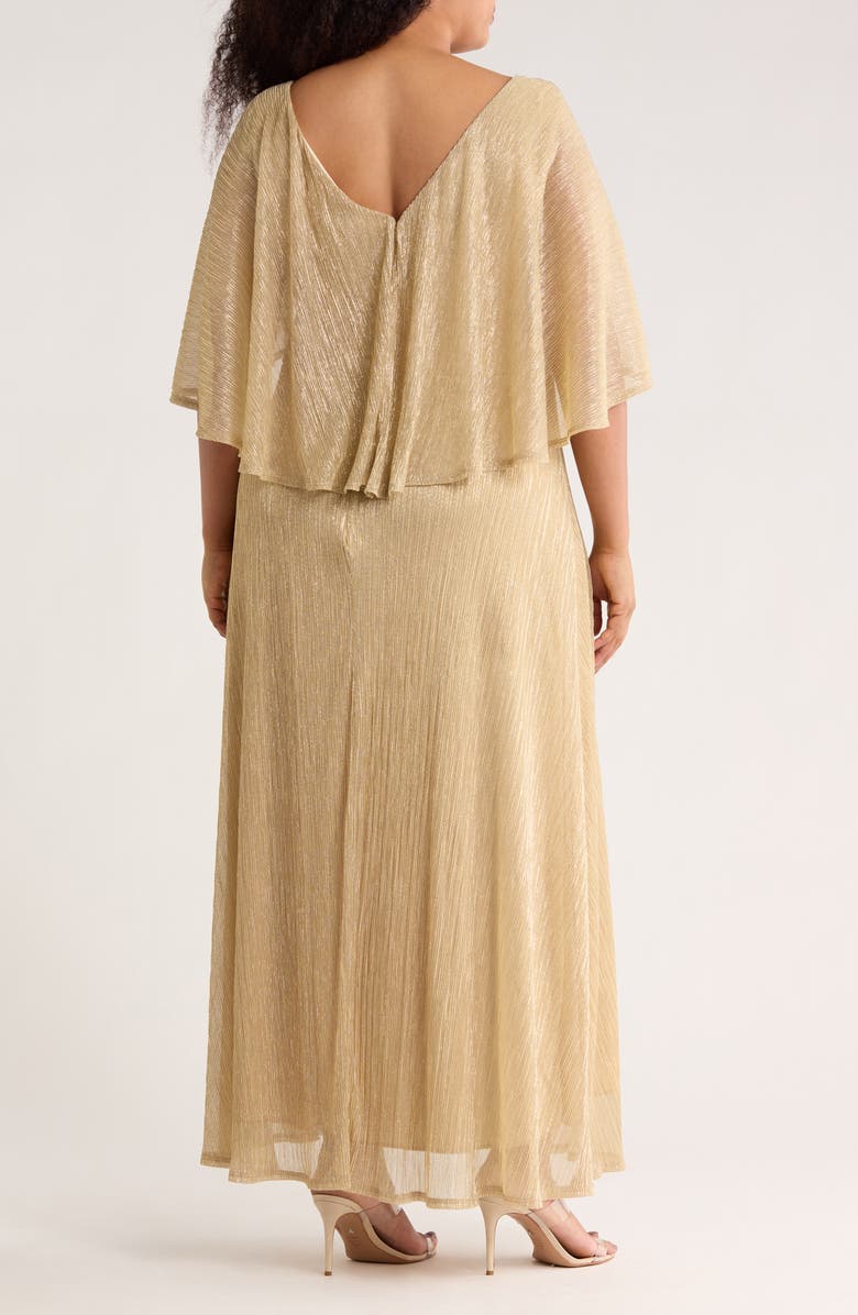 Oleg Cassini Capelet Metallic Pleated Gown, Alternate, color, Gold