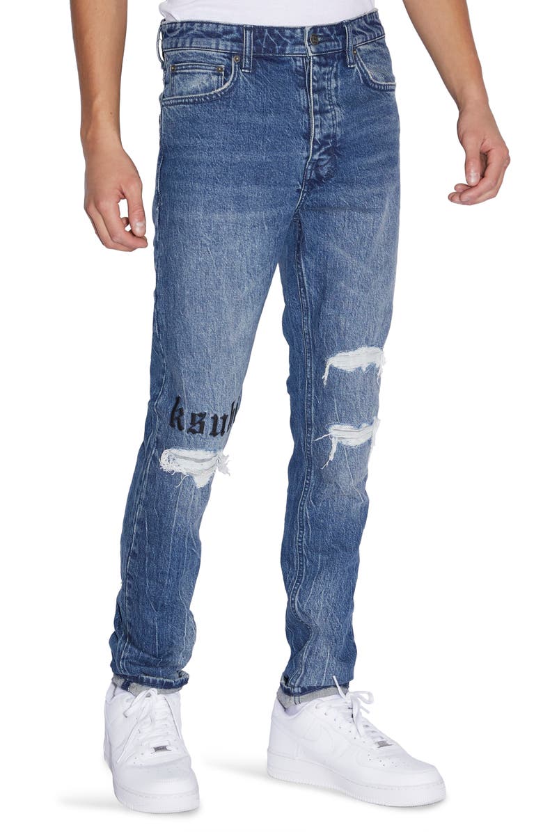 Ksubi Chitch Boneyard Kult Distressed Embroidered Slim Fit Jeans, Main, color, 
