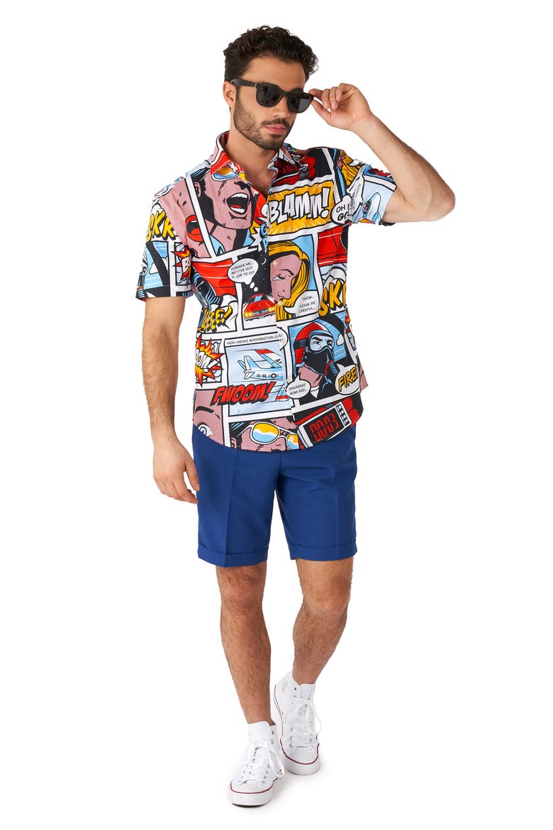 Danger Days Stretch Short Sleeve Button-Up Shirt, Alternate, color, RED/ BLUE MULTI