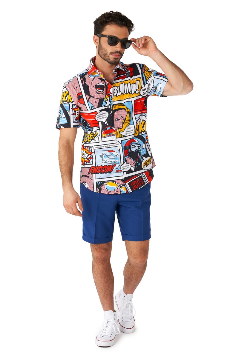 OppoSuits Danger Days Stretch Short Sleeve Button-Up Shirt, Alternate, color, Red/ Blue Multi