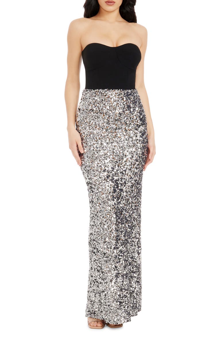 Vada Mixed Media Strapless Gown, Main, color, BLACK-SILVER
