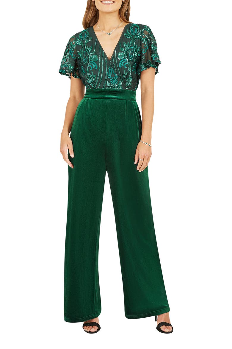 Wrap Sequin Embellished Velvet Jumpsuit, Alternate, color, Green