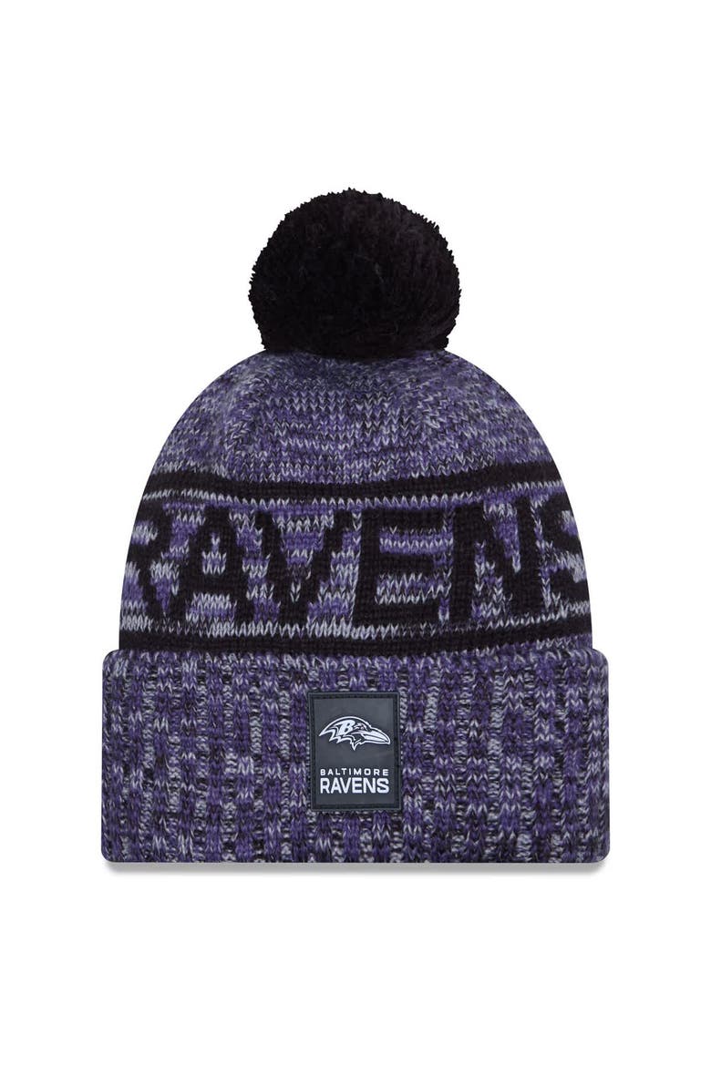 Men's New Era Purple Baltimore Ravens 2025 Sideline Cold Weather Cuffed Knit Hat with Pom, Main, color, Purple