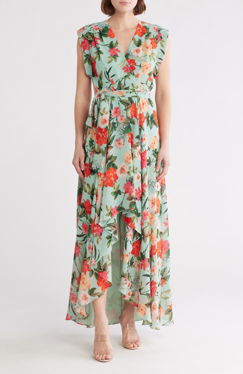 Eliza J Obi Floral Tie Waist High-Low Dress, Main, color, 