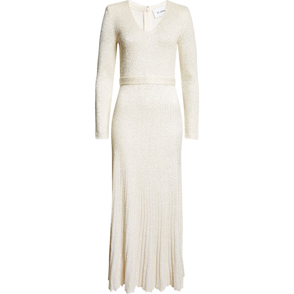 St John St. John Collection Pleated Sequin Embroidered Long Sleeve Knit Dress In Ecru/silver