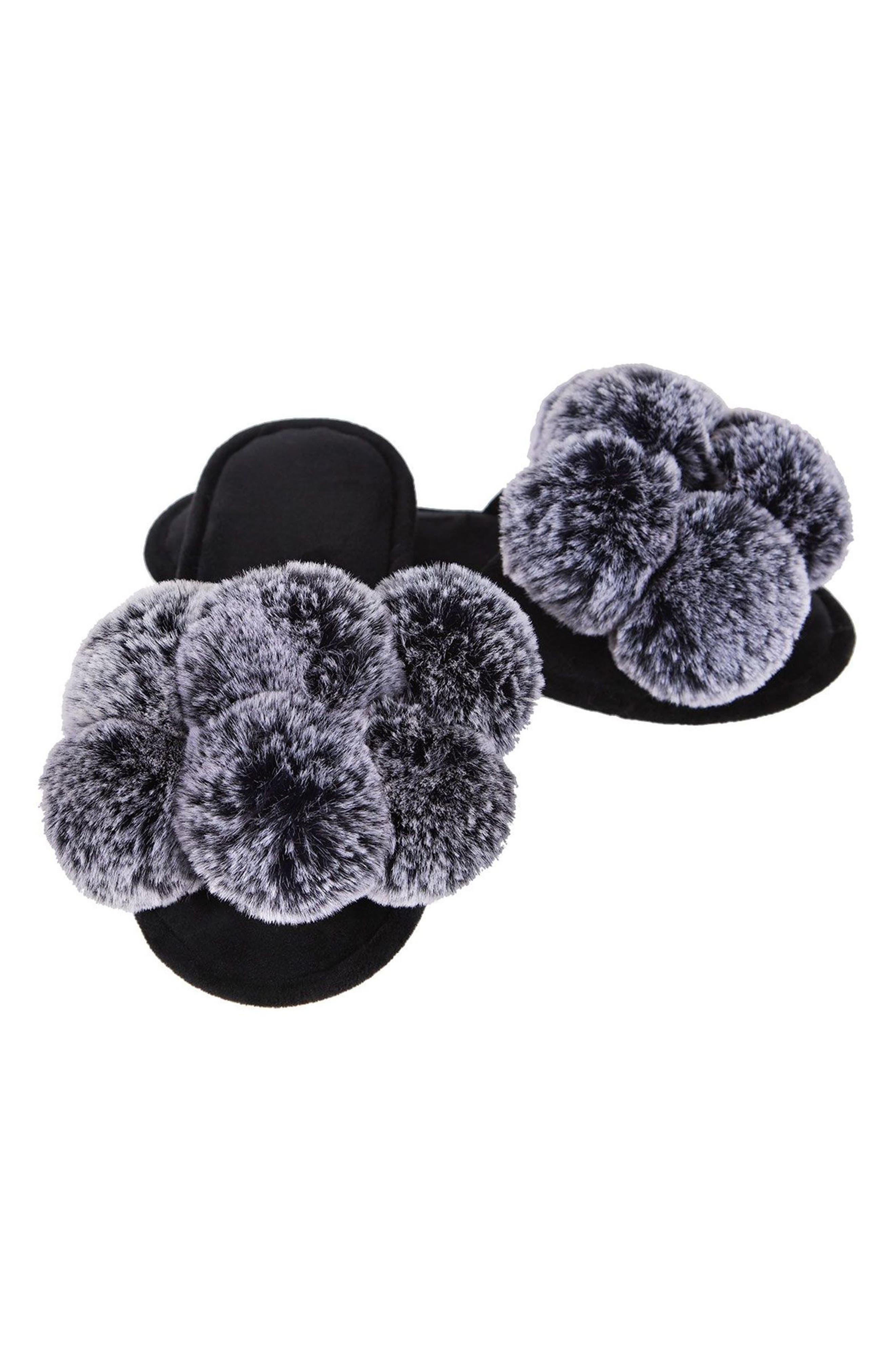 Luxe Faux Fur Pom Memory Foam Slipper, Main, color, BLACK