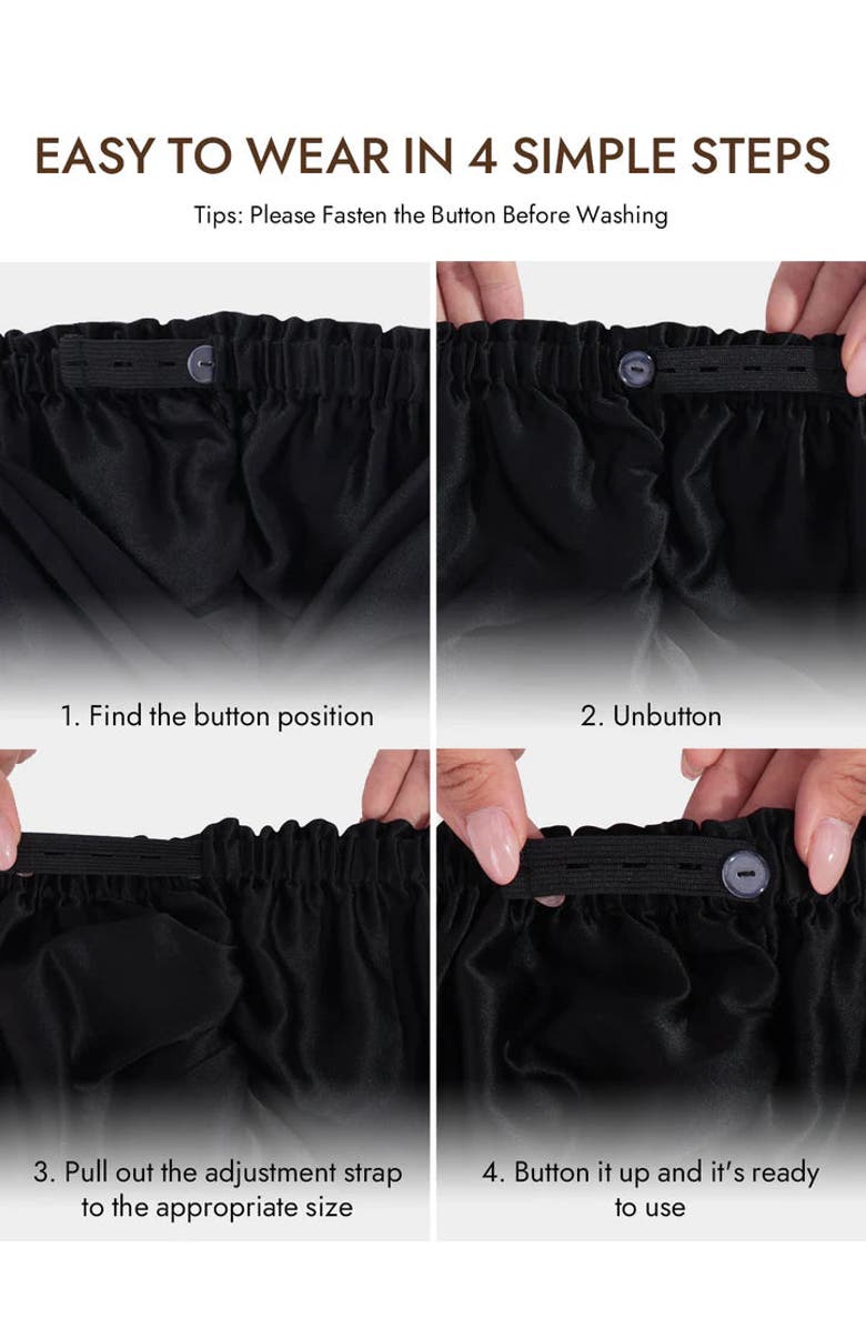 SILKSILKY 22Momme Pure Silk Knot Front Hair Bonnet with Adjustable Button Design, Alternate, color, Black