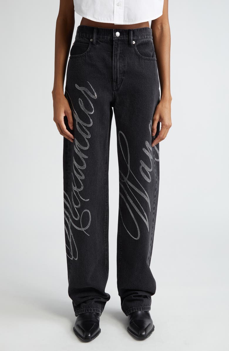 Alexander Wang EZ Relaxed Hotfix Crystal Logo Straight Leg Jeans, Main, color, 