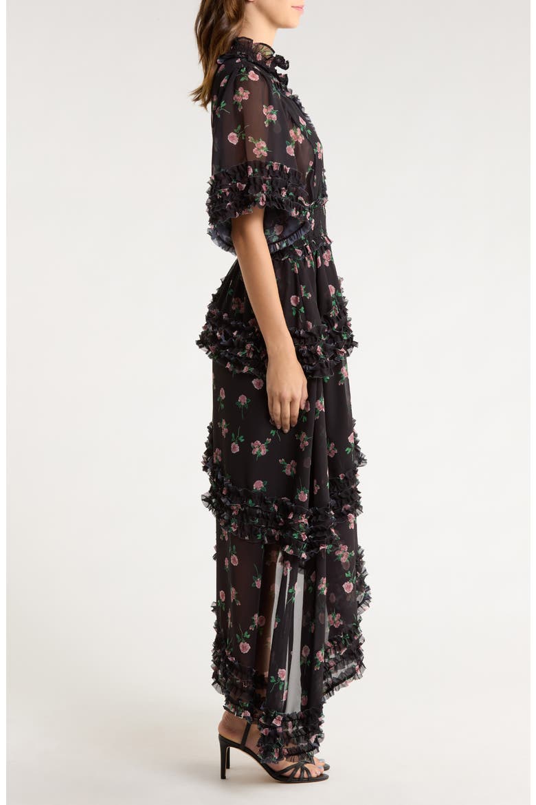 Rose Print Ruffle Maxi Dress, Alternate, color, BLACK