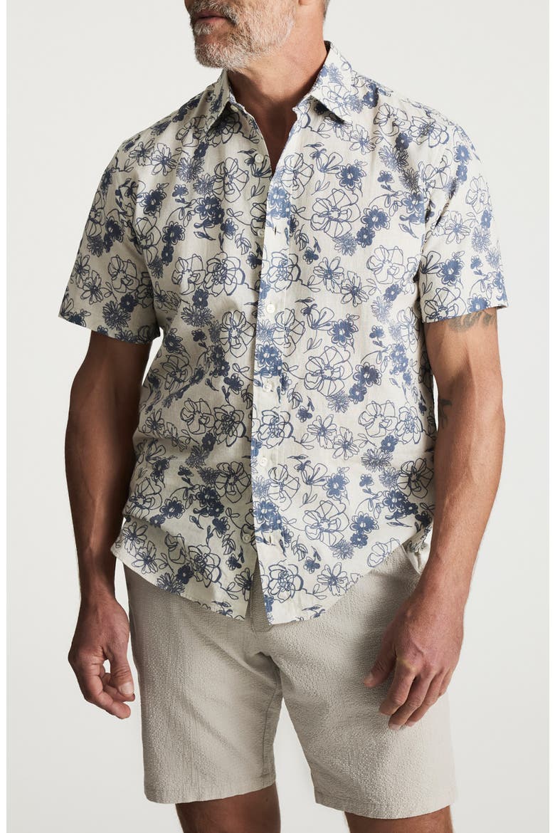 Floral Short Sleeve Cotton & Linen Button-Up Shirt, Main, color, VINTAGE INDIGO