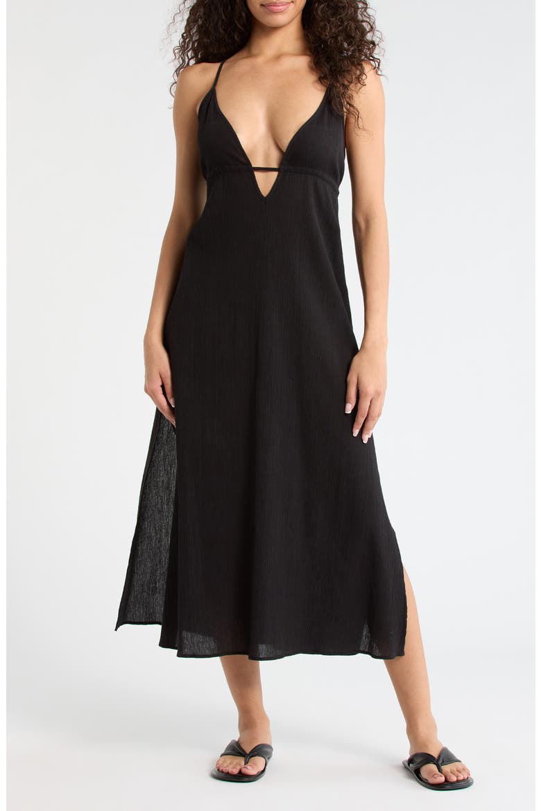Crinkle Gauze Cover-Up Midi Dress, Main, color, BLACK