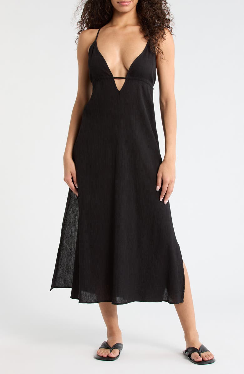 Sanctuary Crinkle Gauze Cover-Up Midi Dress, Main, color, Black