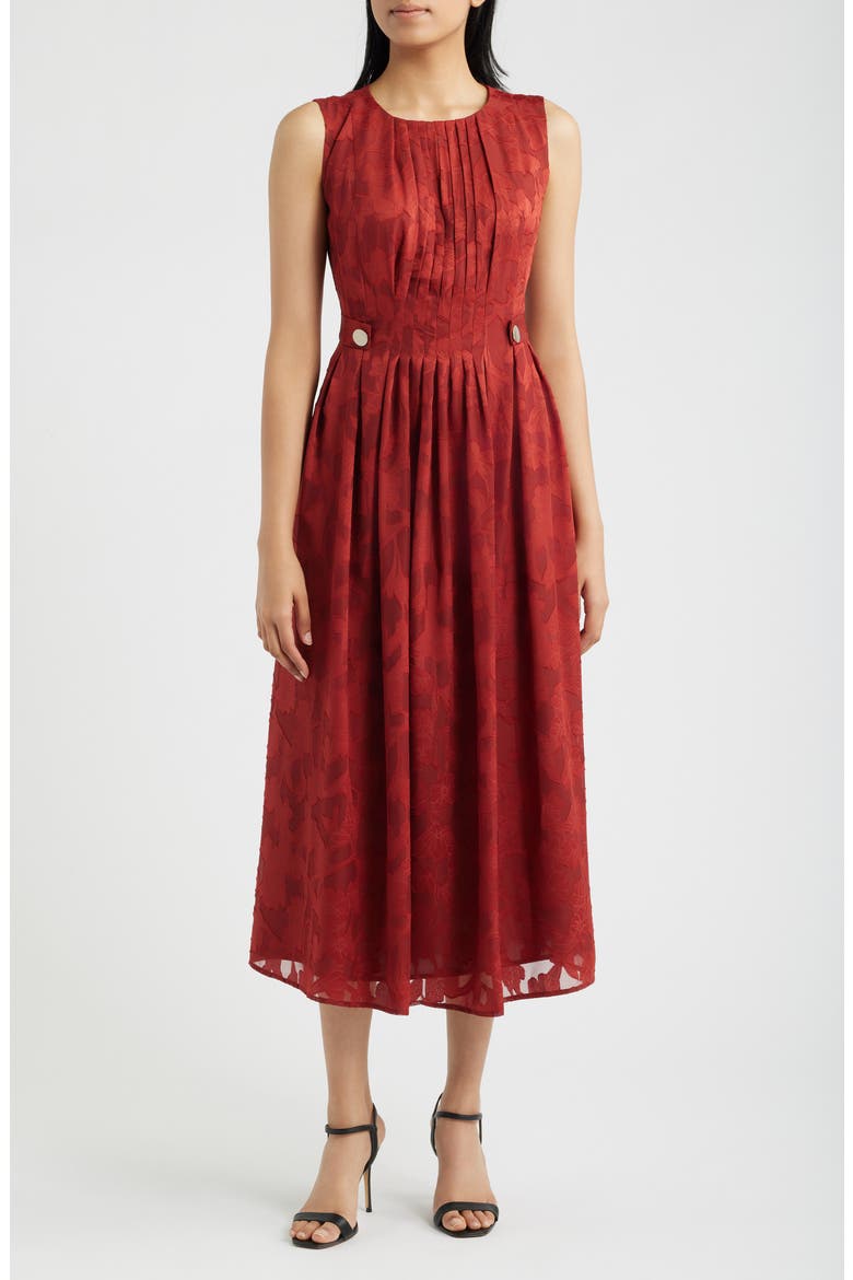 Pleated Floral Jacquard Midi A Line Dress, Main, color, RUST